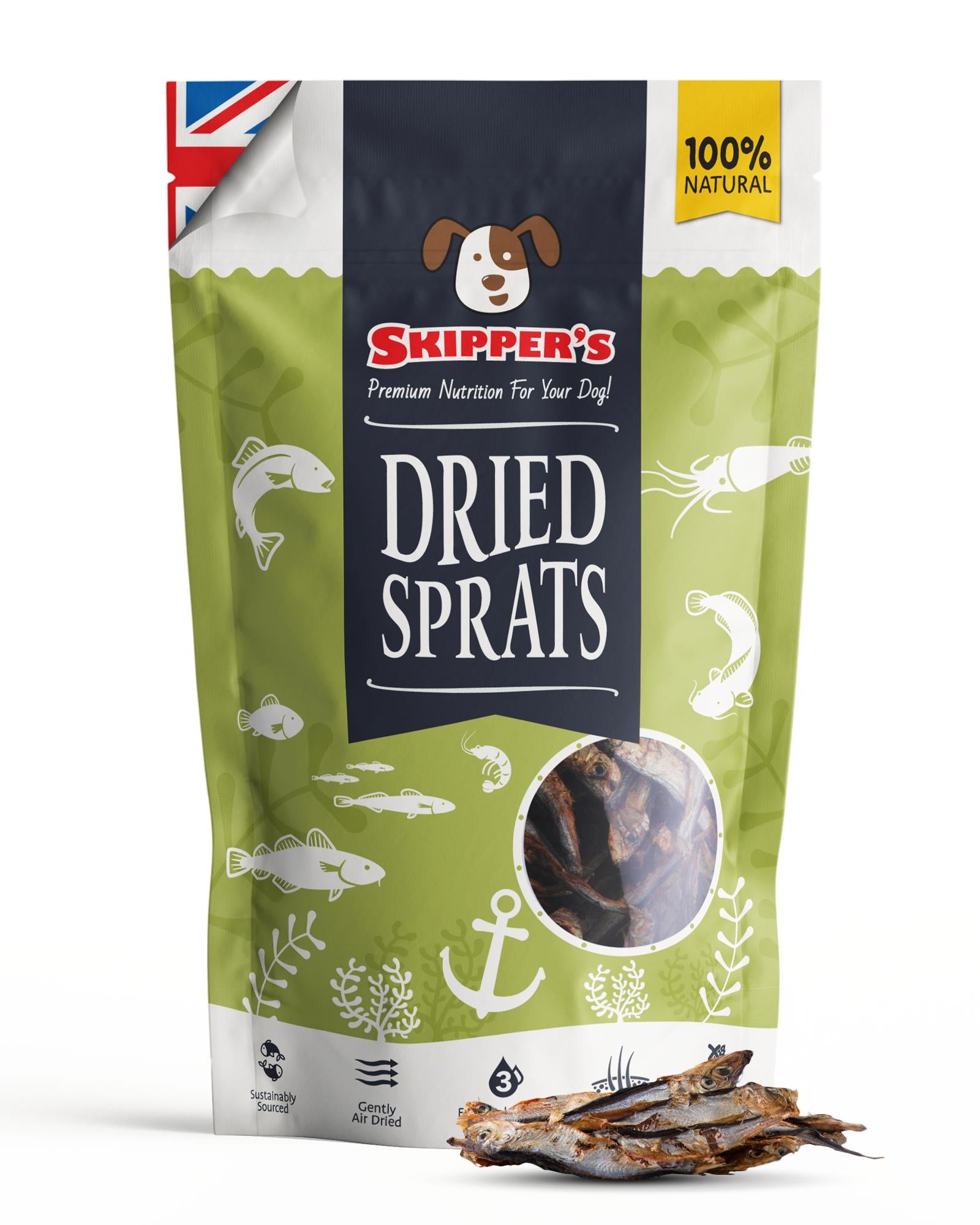 Skipper's dried sprats for dogs packaging on a white background