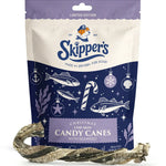 Fish Skin Candy Canes front of Skipper's packaging with a candy cane treat on display