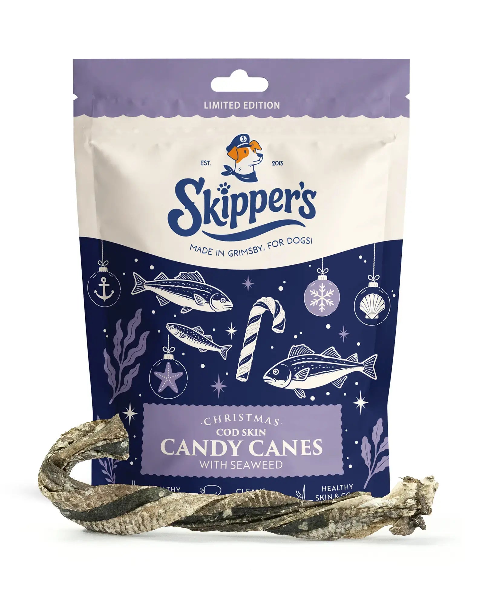 Fish Skin Candy Canes front of Skipper's packaging with a candy cane treat on display