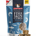 Skipper's Fish Skin Cubes packaging with fish illustrations on a white background