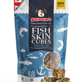 Skipper's Fish Skin Cubes packaging with fish illustrations on a white background