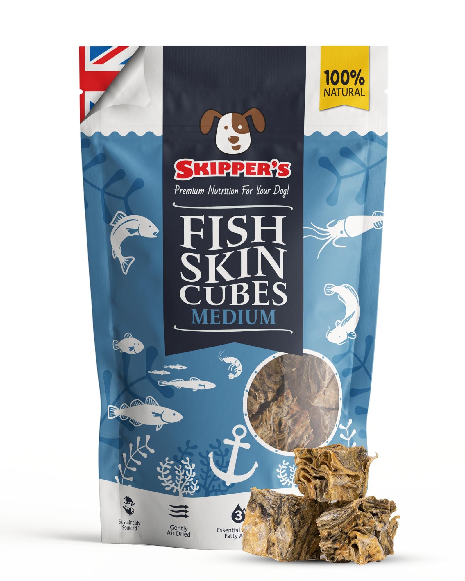 Skipper's Fish Skin Cubes packaging with fish illustrations on a white background