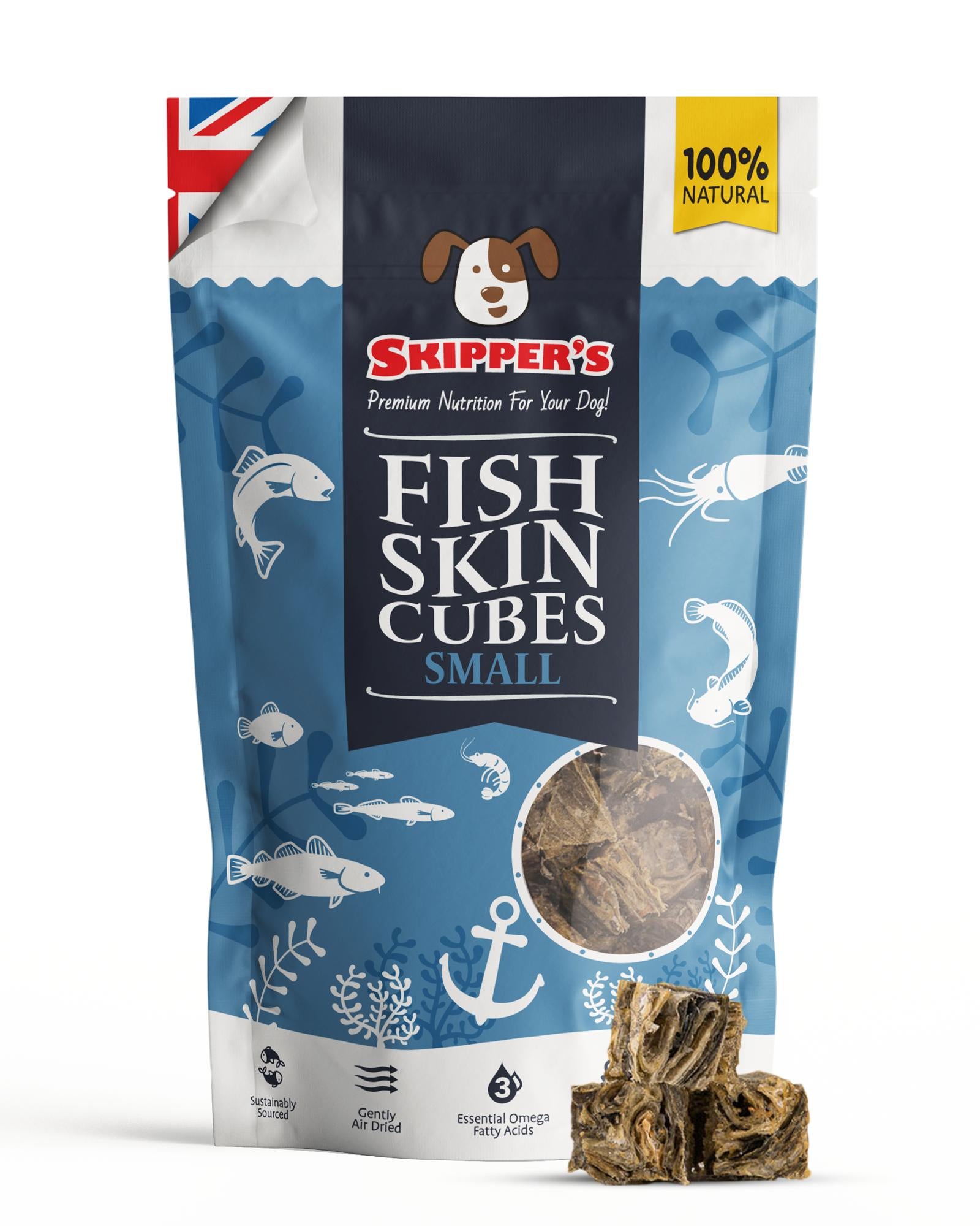 Package of Skipper's Fish Skin Cubes for dogs on a white background