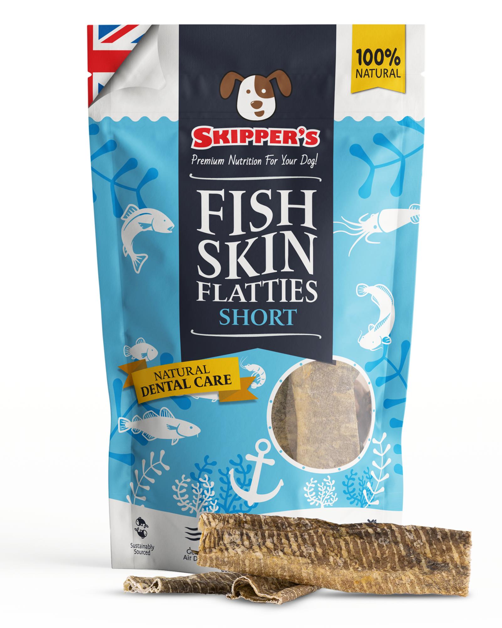 Skipper's Fish Skin Flatties Short dog treat packaging on a white background