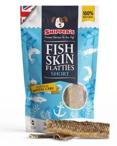 Skipper's Fish Skin Flatties Short dog treat packaging on a white background