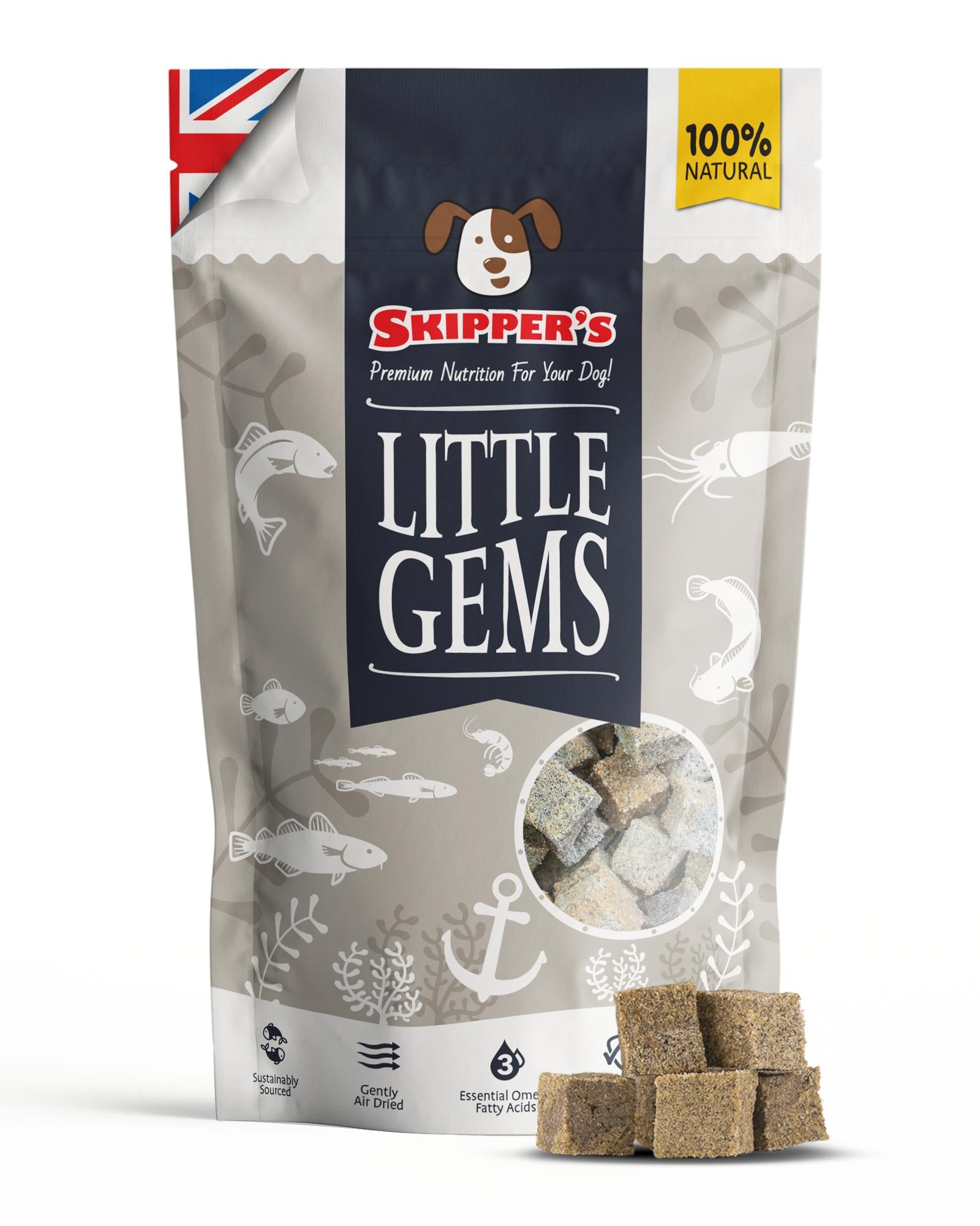 Skipper's Little Gems dog treat package on a white background