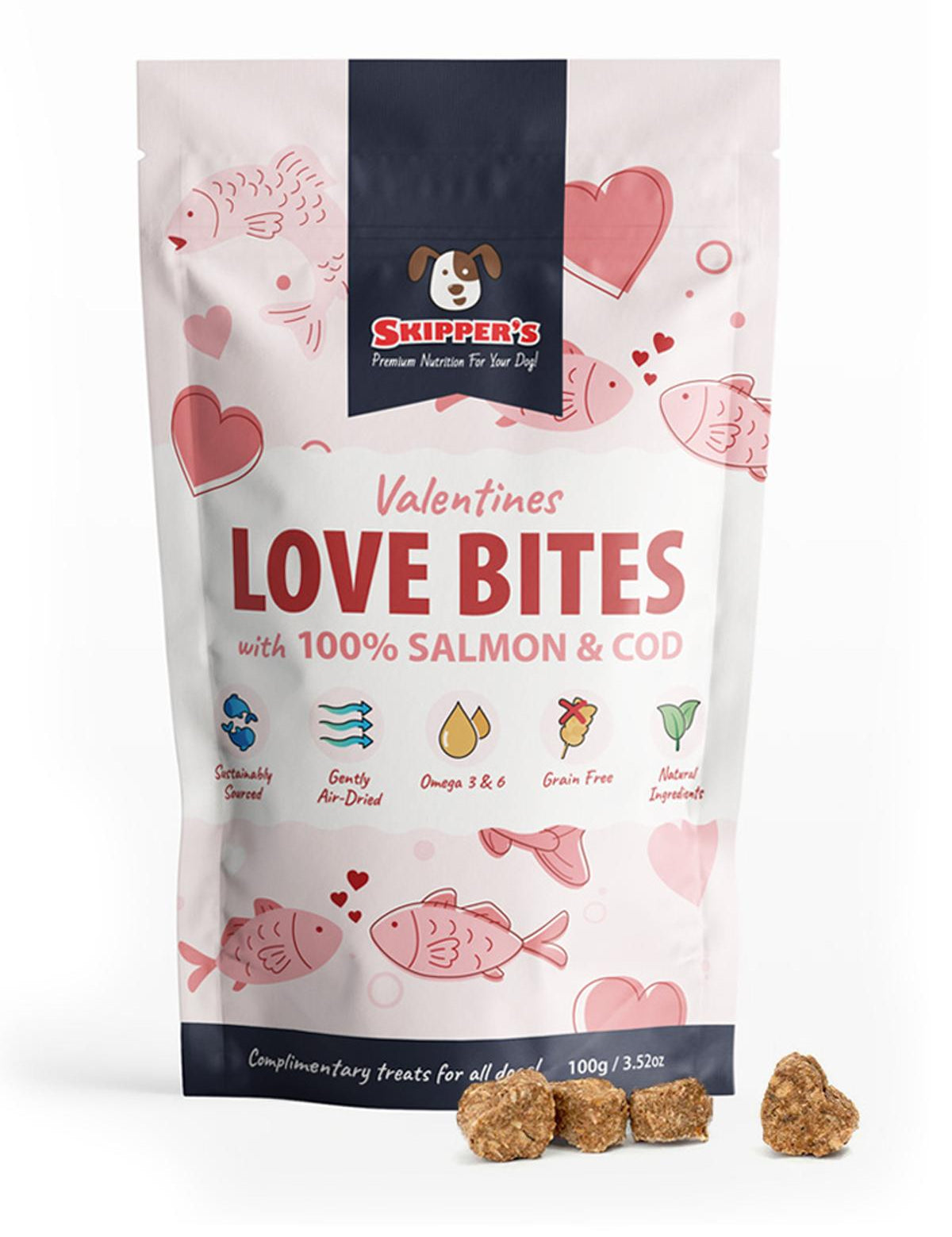 Skipper's Valentine's Love Bites dog treat package with salmon and cod on a white background