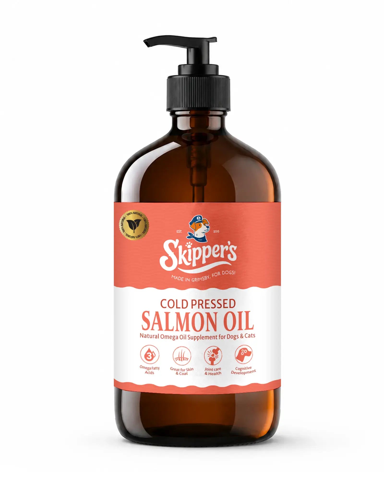A 1 litre bottle of Skipper's Cold Pressed Salmon Oil for dogs and cats, in an amber brown bottle with a black pump dispenser and a coral and white label.