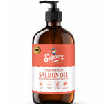 A 500ml bottle of Skipper's Cold Pressed Salmon Oil, featuring an amber glass bottle with a black pump dispenser and a coral and white label, set against a plain white background.