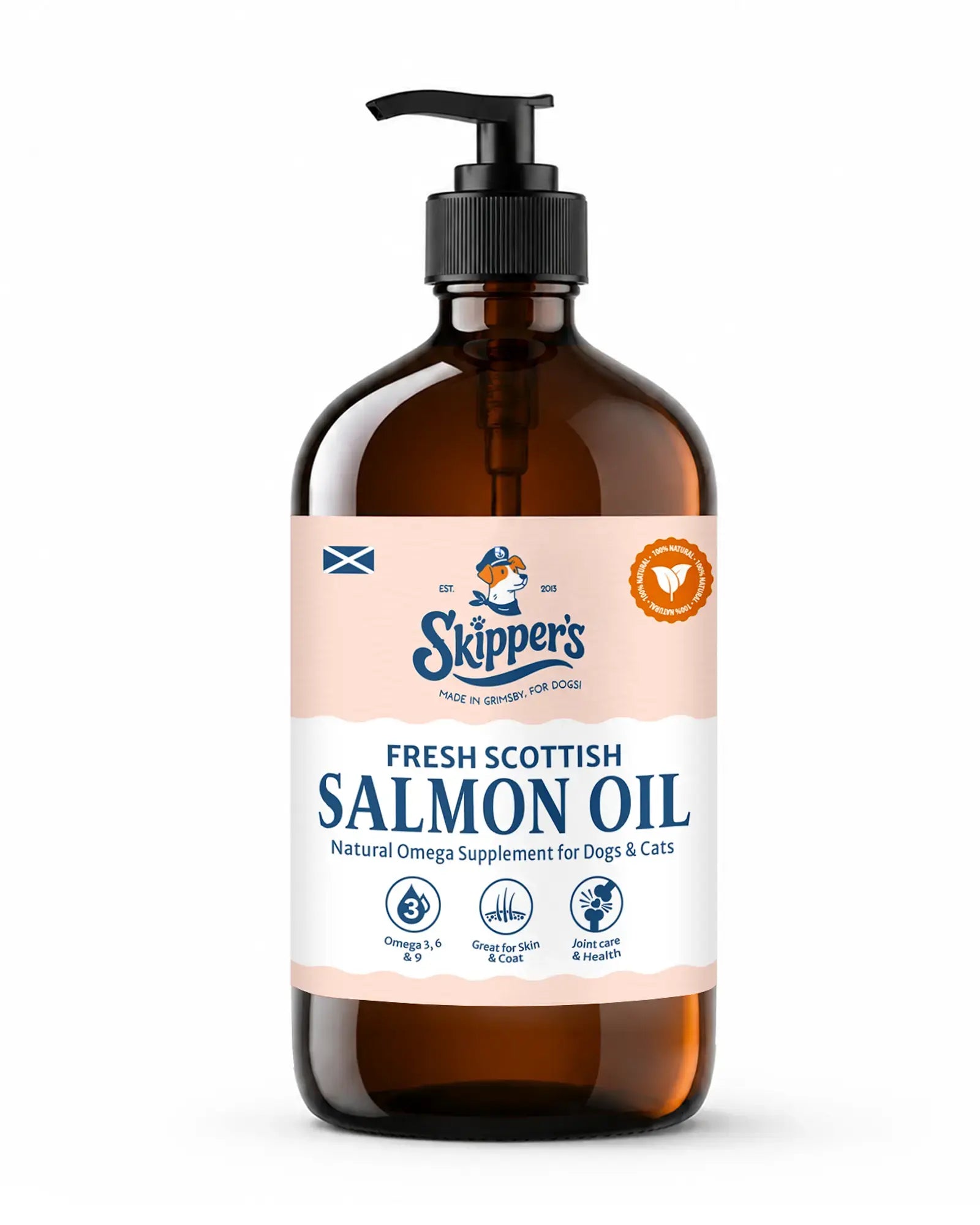 A 1 litre bottle of Skipper's Fresh Scottish Salmon Oil dog supplement, in an amber glass bottle with a black pump dispenser and a light pink and white label.