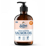 A 250ml bottle of Skipper's Fresh Scottish Salmon Oil dog and cat supplement, featuring an amber glass bottle with a black pump dispenser and a white and peach label.