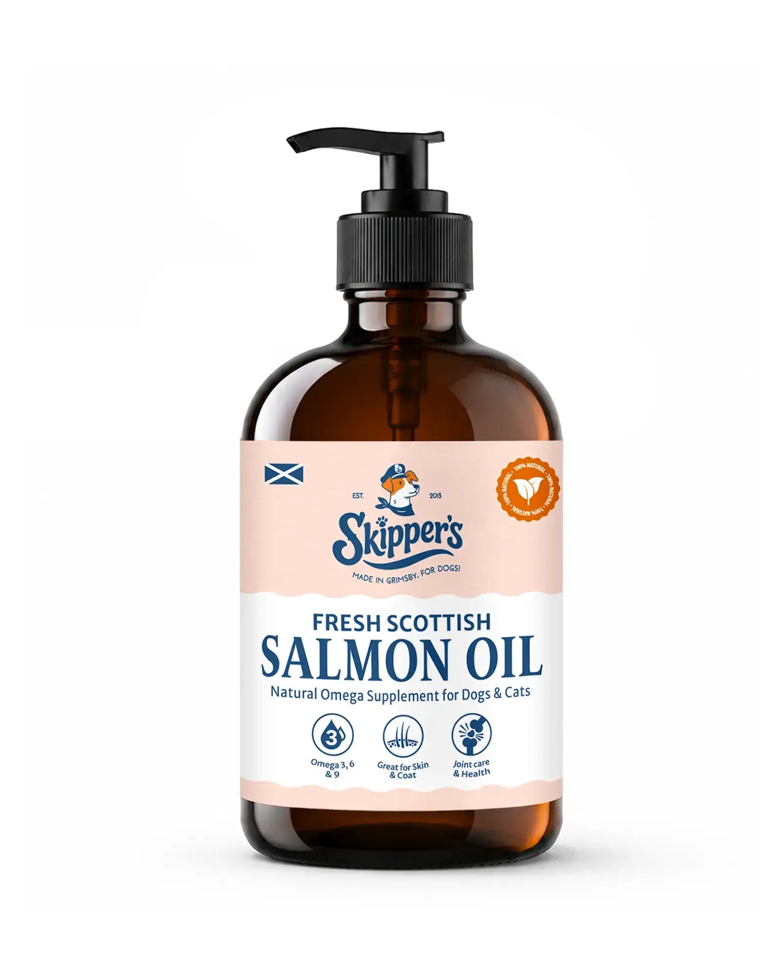 A 250ml bottle of Skipper's Fresh Scottish Salmon Oil dog and cat supplement, featuring an amber glass bottle with a black pump dispenser and a white and peach label.
