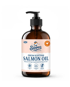 A 250ml bottle of Skipper's Fresh Scottish Salmon Oil dog and cat supplement, featuring an amber glass bottle with a black pump dispenser and a white and peach label.
