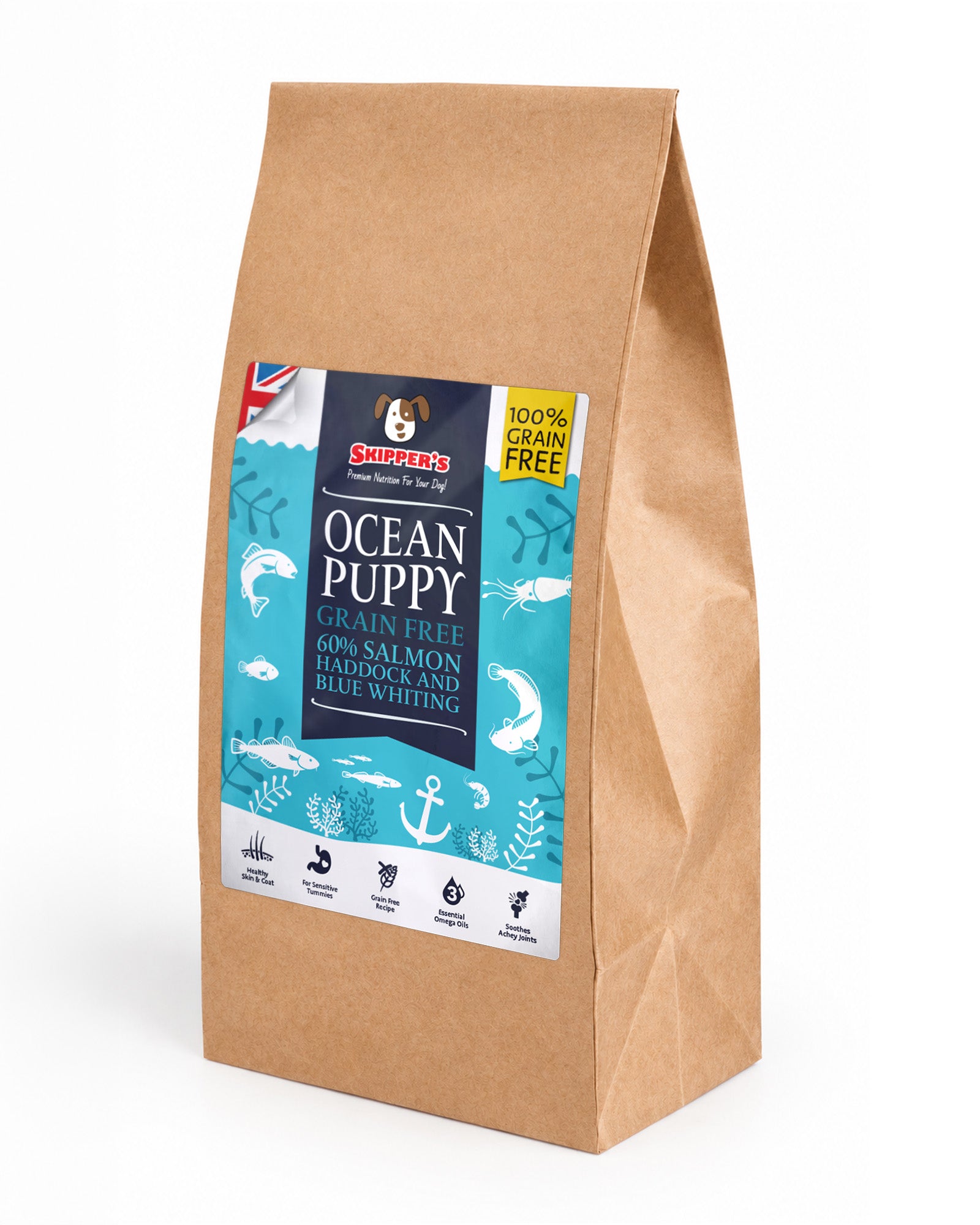 Skipper's Ocean Puppy grain-free complete dog food, 12kg bag, angled view