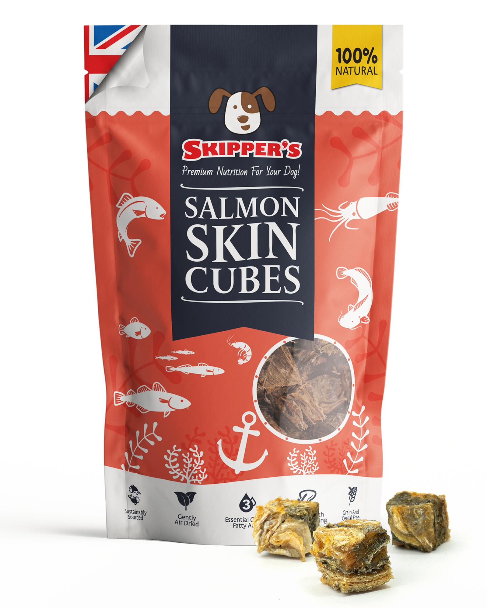 Skipper's Salmon Skin Cubes packaging with salmon skin cubes displayed on a white background