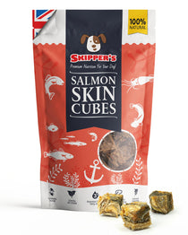 Skipper's Salmon Skin Cubes packaging with salmon skin cubes displayed on a white background