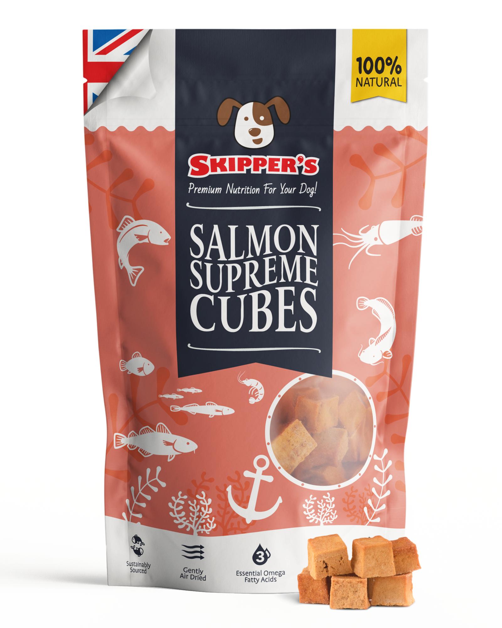 Skipper's Salmon Supreme Cubes dog food package on a white background
