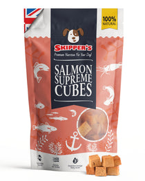 Skipper's Salmon Supreme Cubes dog food package on a white background