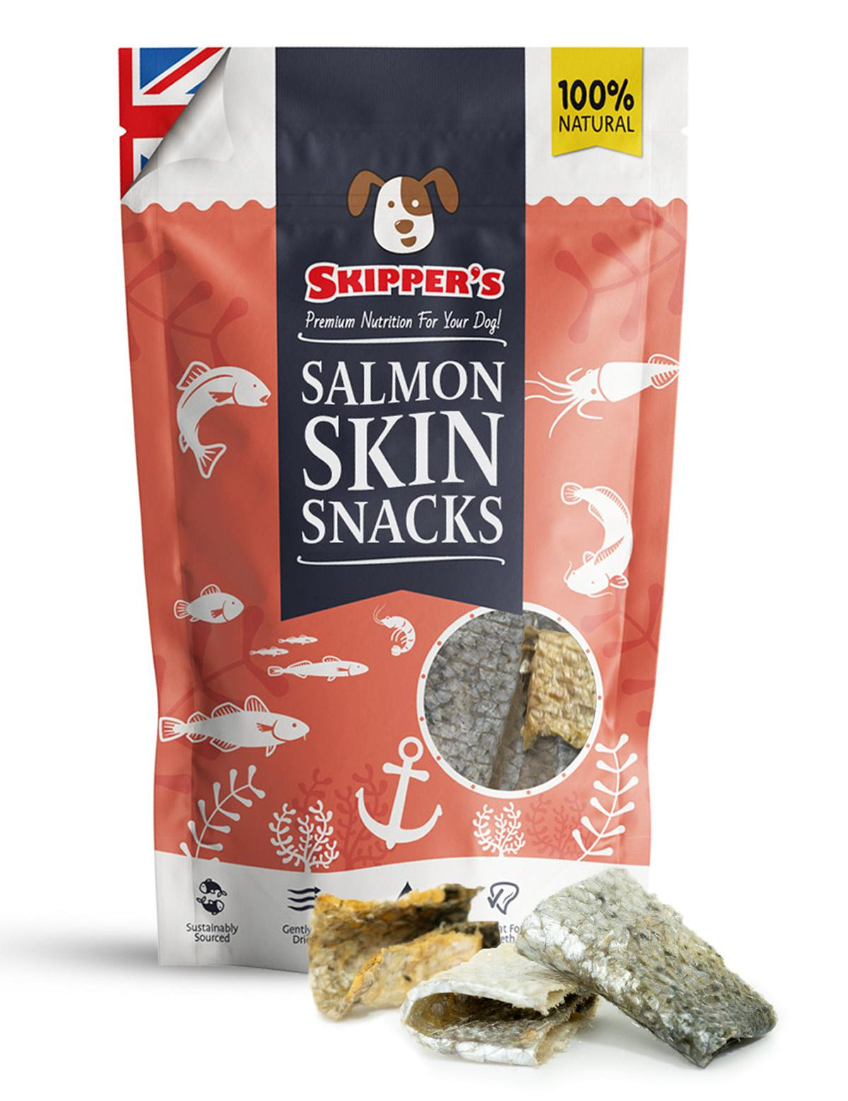 Skipper's Salmon Skin Snacks packaging with snacks displayed on a white background