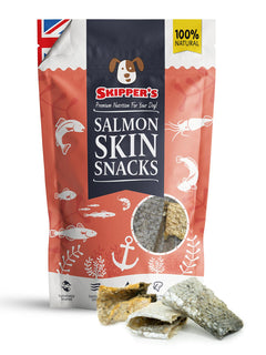 Skipper's Salmon Skin Snacks packaging with snacks displayed on a white background