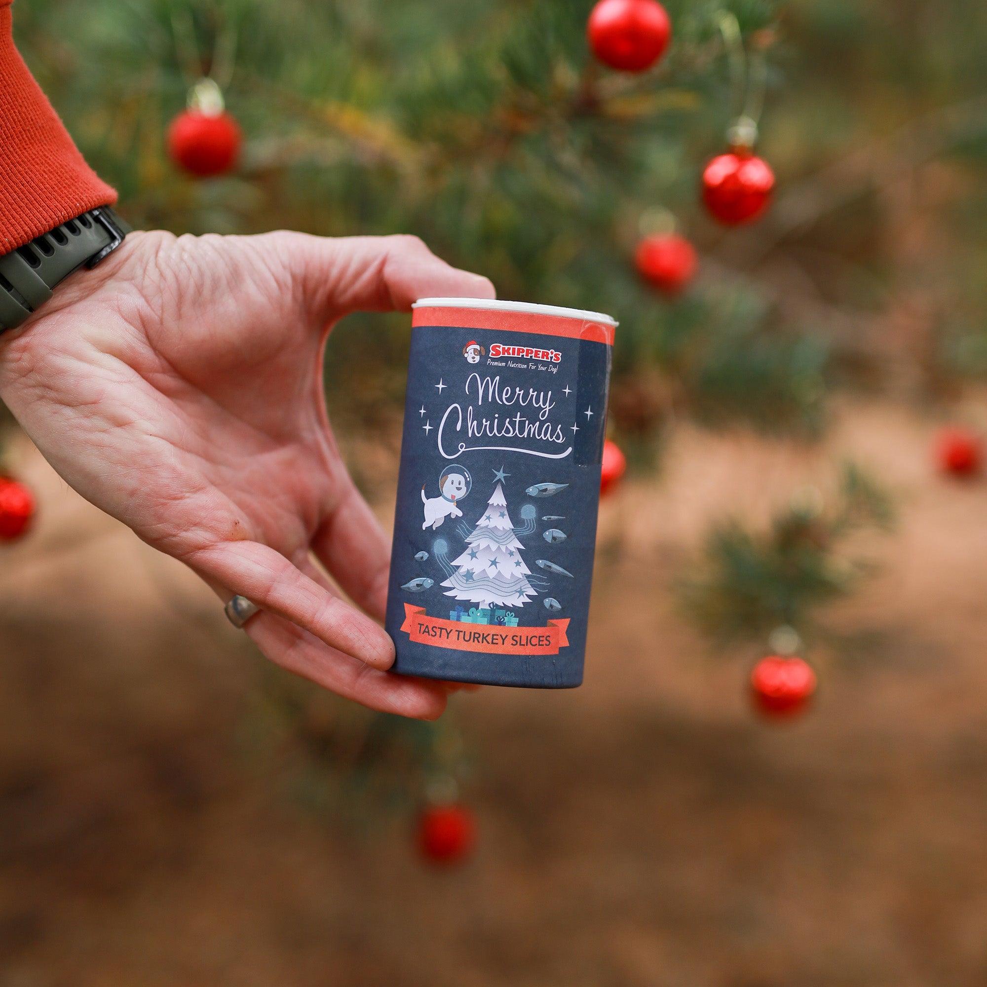 Hand holding Skipper's Chirstmas tasty turkey slices with a blurred Christmas tree background