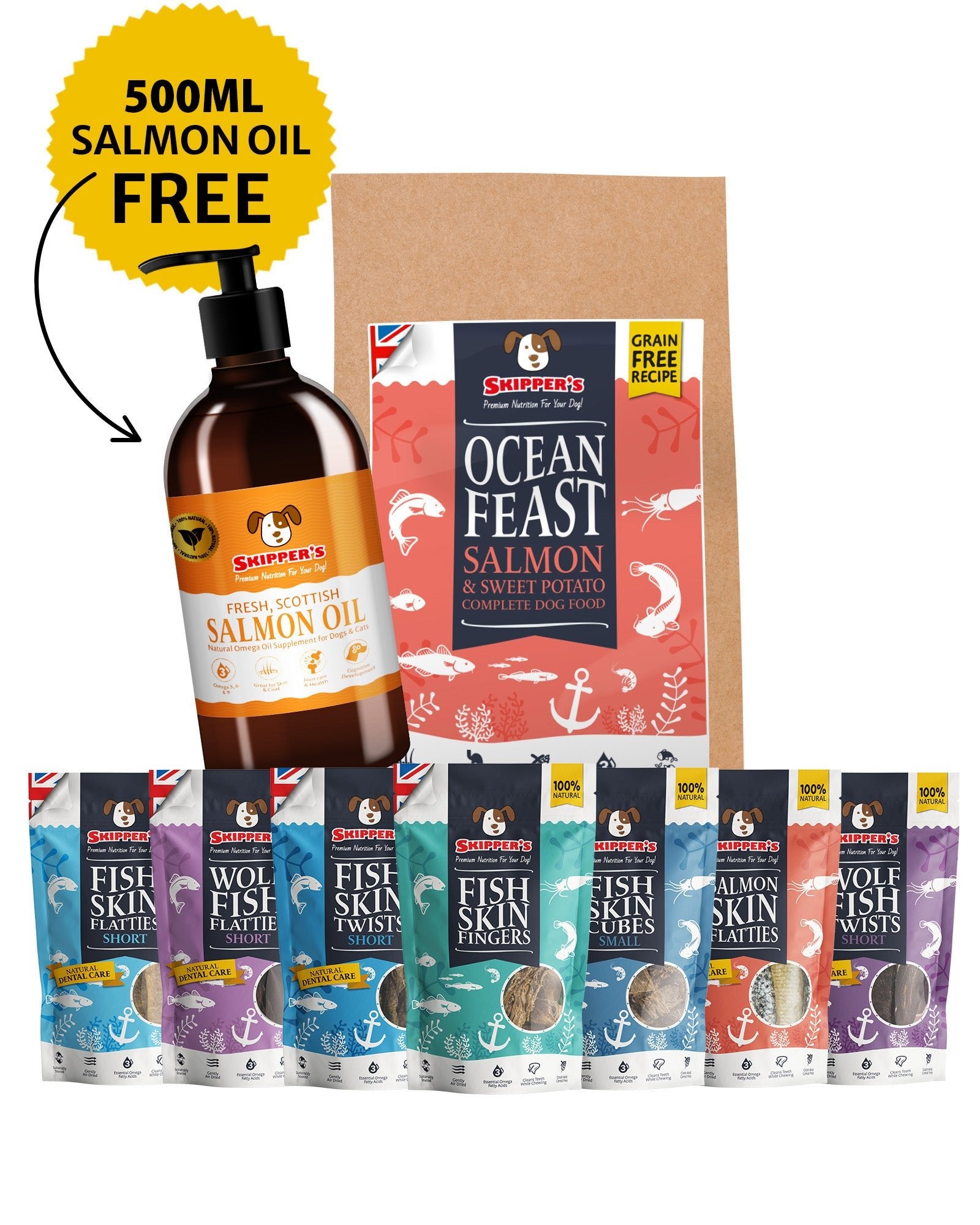 Essential Bundle | Ocean Feast Grain Free Dog Food + Dental Treats + FREE 500ml Salmon Oil - Skipper's Pet Products