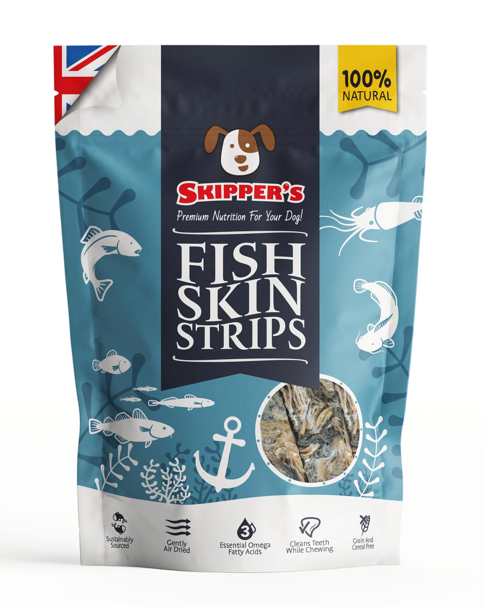 Skipper's Fish Skin Strips packaging with blue and white design