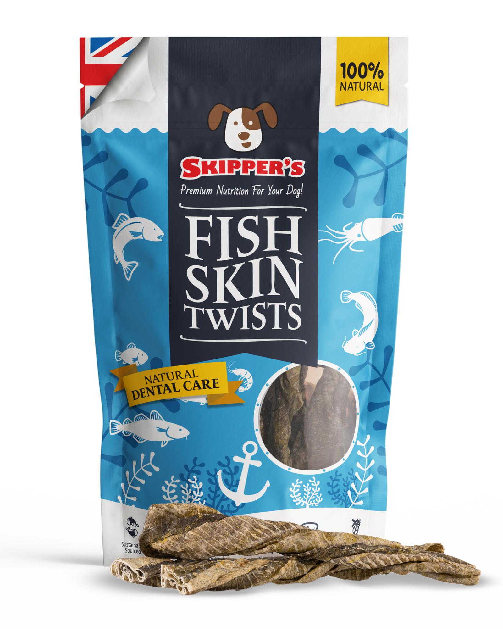 Skipper's Fish Skin Twists packaging with fish skin twisters on a white background