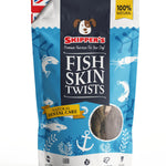 Package of Skipper's Fish Skin Twists for dogs on a white background