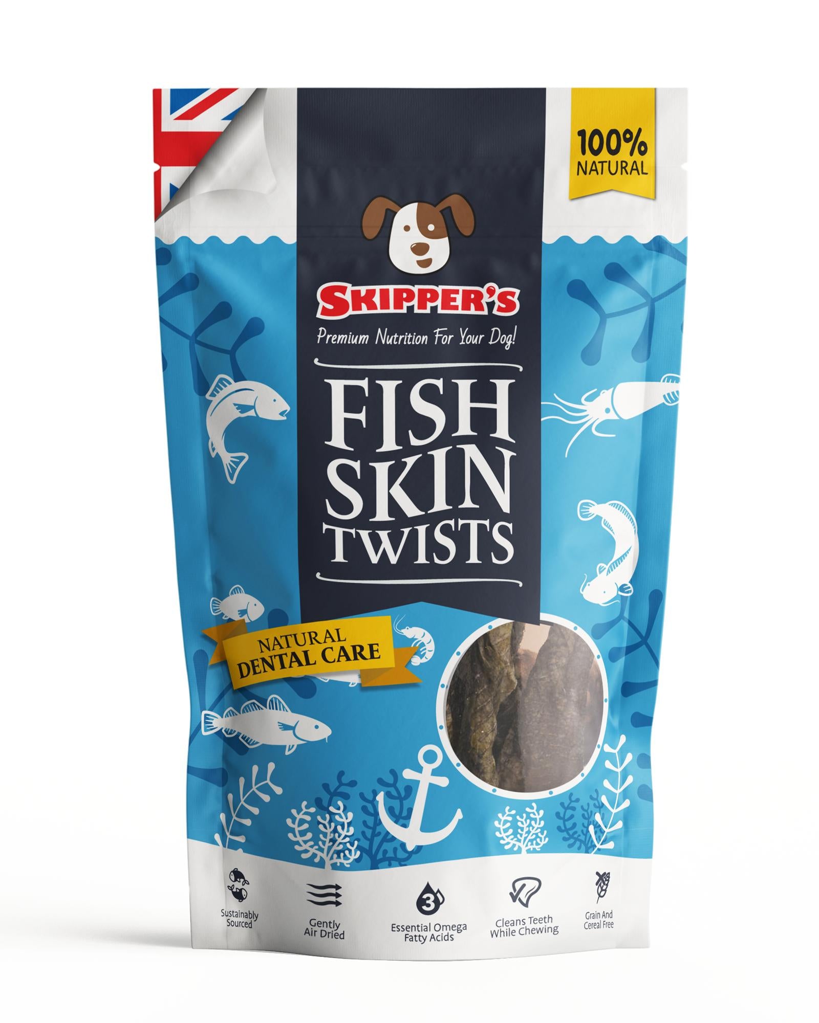 Package of Skipper's Fish Skin Twists for dogs on a white background