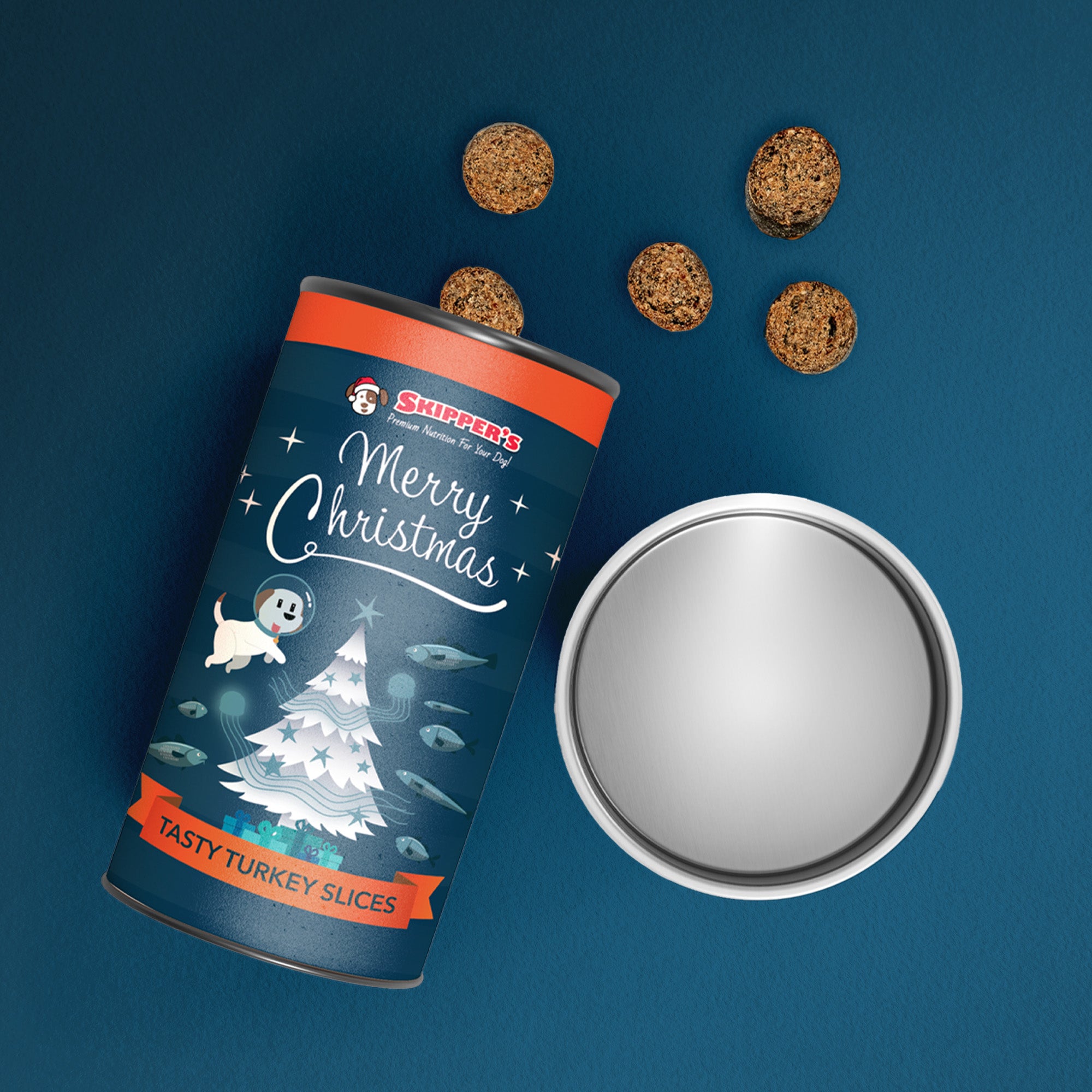 Skipper's Merry Christmas dog treat can with treats on a blue background